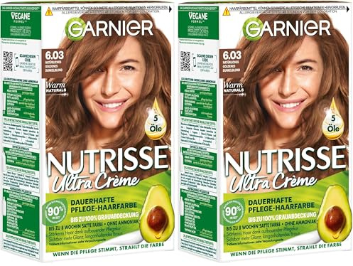 Garnier Nutrisse Ultra Crema de cuidado permanente 6.03 rubio oscuro dorado natural con hasta 100% de cobertura de canas (Paquete de 2)
