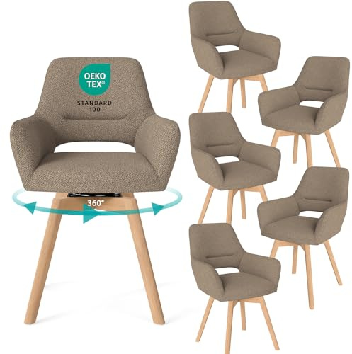 WAFTING 360° Esszimmerstühle Drehbar 6er Set mit Armlehnen, Buchenbeinen | Polsterstühle, Drehstuhl Esszimmer, Küchenstuhl Drehbar, für Wohnzimmer, Schlafzimmer, Arbeitszimmer, Empfangszimmer, Braun