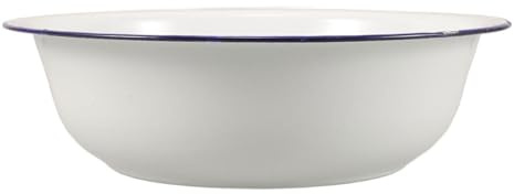 TOPPERFUN Bol Émaillé Rétro 32 Cm Blanc à Bordure Bleue, Bassin Multifonction pour Bain de Pieds et Lavage, Cuvette Émail Vintage Résistante Spa et Soins Personnels