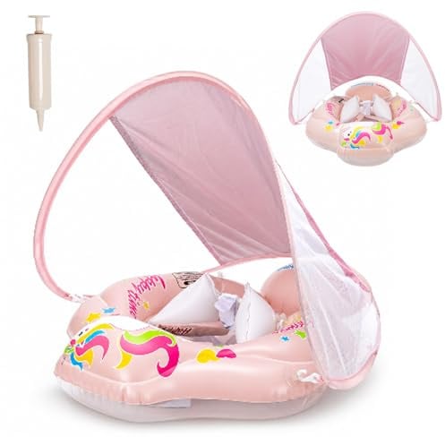 Yunlaishaocer Salvagente Neonato con Parasole, Baby Float Gonfiabile con Sedile di Sicurezza e Pompa ad Aria, Protezione UV UPF50+ Salvagente Gonfiabile per Bambini per Bambini (3 a 12 Mesi S)