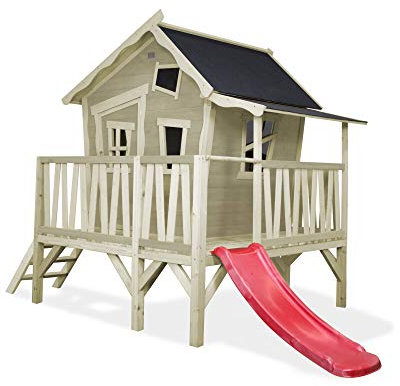 EXIT Toys Crooky 350 Holzspielhaus für Draußen - Mit Rutsche und Veranda - Gartenhaus aus Holz für Kinder mit wasserdichtem Dach - Einfache Montage - 100% FSC Zedernholz - 322x184x227cm - Graubeige