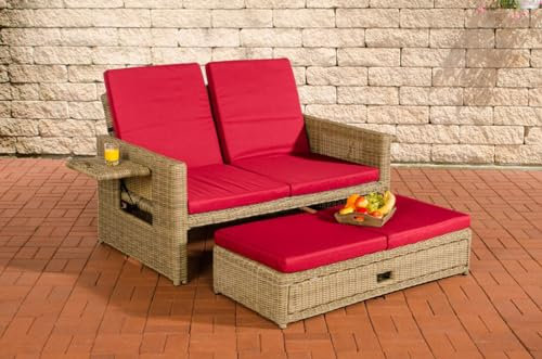 CLP Polyrattan 2er-Loungesofa Ancona 5mm, Rundrattan Garten-Sofa, ausziehbares Fußteil, Verstellbare Rückenlehne | Farbe Natur Polsterfarbe Rubinrot