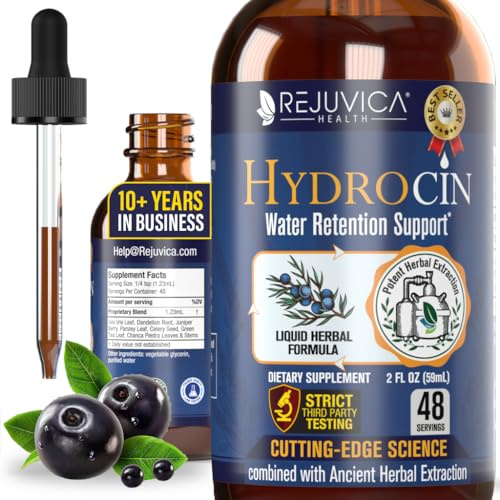 Rejuvica Health Hydrocin Liquid Diuretic Supplement – Water Retention Support with Dandelion, Uva Ursi, Juniper Berry, Celery Seed & Green Tea – Fast Absorption Alcohol-Free Drops