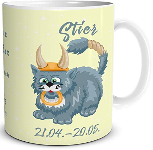 TRIOSK Tasse Katze lustig mit Spruch Sternzeichen Stier Katzenmotiv Geschenk Geburtstagstasse für Katzenliebhaber Frauen Freundin