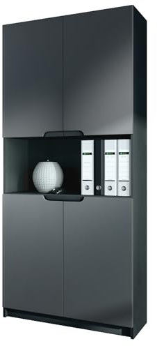 Vladon Büroschrank Logan V2, Made in Germany, Aktenschrank mit 5 Fächern und 4 Türen, Schwarz matt/Graphit seidenmatt (82 x 184 x 37 cm)