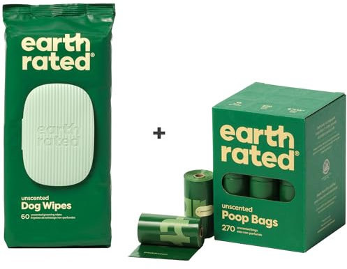 Earth Rated Dog Poo Bag Refill Rolls and Grooming Wipes Bundle, 270 Leak Proof and Extra Thick Waste Bags and 100 Plant Based Grooming Wipes, Unscented
