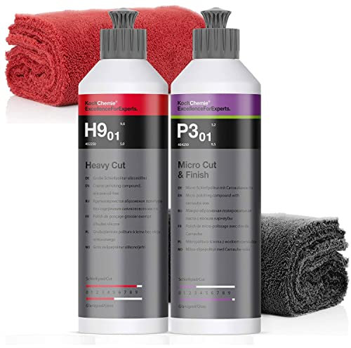 detailmate Koch Chemie Politur Set: Koch Chemie Heavy Cut Abrasive Schleifpolitur, 250ml + Koch Chemie Micro Cut & Finish Politur mit Carnaubawachs + 2 Mikrofasertücher, 40 x 40 cm, 550 GSM