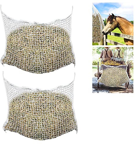 SWANEW Heunetz 120 x 90 cm, weiß, Maschenweite, 3 x 3 cm 2er Set Heusack Heutasche Füllmenge ca. 9Kg, Heuraufe Futternetz, Extrem reißfest, für Pferden, Schafen, Rindern