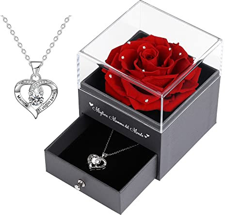 Muttertagsgeschenk Vera Rose für Mama, Ewige Rose mit Geschenkkette, Muttertagsgeschenke Geburtstag Christrose für Mama Ehefrau Frau (Kristallrot)