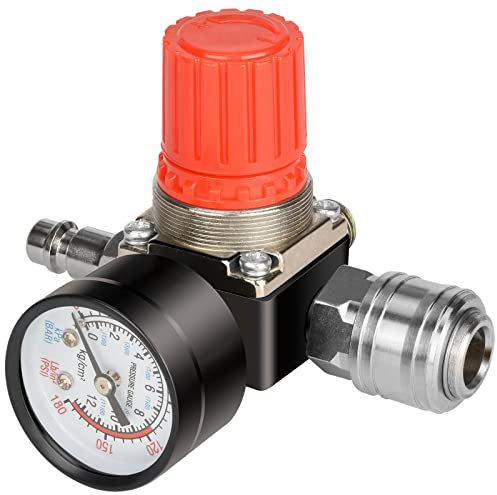 1/4 Druckminderer Druckluft, EU-Standard Druckminderer, 4 Löcher Druckminderer Druckregler mit Manometer für Kompressor