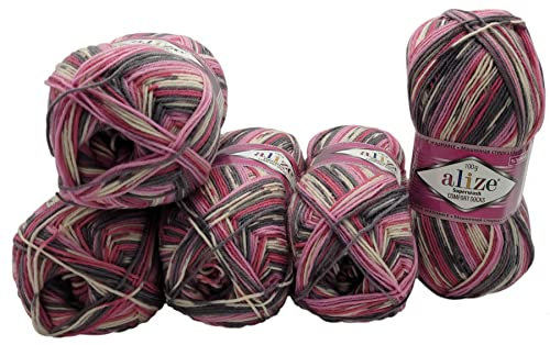 5 x 100 Gramm Sockenwolle mehrfarbig, 75% Schurwolle, 500 Gramm Wolle für Stricksocken und Strümpfe (grau rosa weiss 7707)