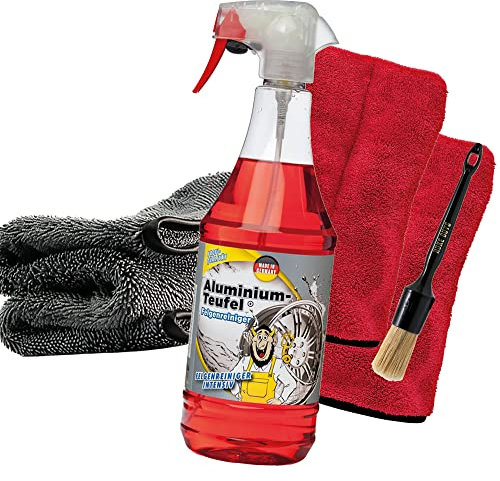 Felgenreinigungs Bundle: Tuga Chemie Aluminium-Teufel Felgenreiniger 1 Liter + Nuke Guys Felgenpinsel + 2x Nuke Guys Präzisionshandschuh + detailmate Trockentuch 1000GSM