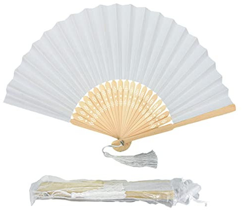 Paper Handheld Folding Fan with a Tassel and Grade A Bamboo Ribs for Women Girls Summer Party Favour Birthday Wedding Gift (White)
