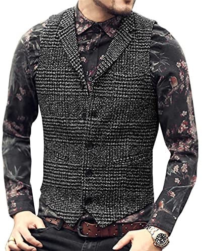 Herren Vintage Plaid Wolle Tweed Anzug Weste Casual Notch Revers Weste für Hochzeit Trauzeugen Schwarz XXL