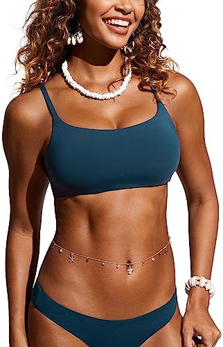 CRZ YOGA Damen Bikini Oberteil Gepolstert Sport BH Verstellbar Spaghetti Träger Bademode Swimsuit Bra Top Abzeichen Blau 40