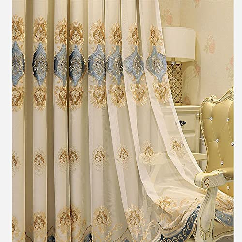 Amidoudou 1 Paar europäische, doppellagige Vorhänge mit durchsichtigen Vorhängen für Wohnzimmer Schlafzimmer Luxus bestickte Verdunkelungsvorhänge (Beige, 132 x 213 cm)