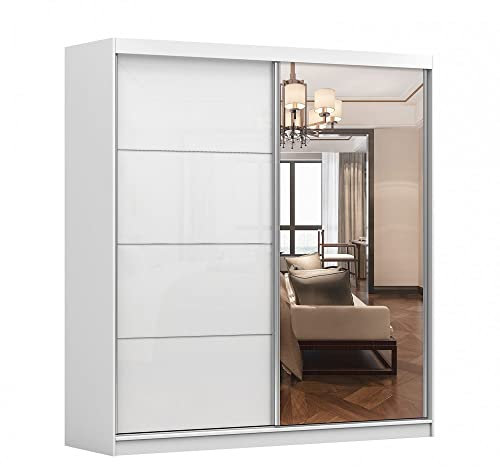 Wardrobe M35 with Mirror 203 cm Sliding Door Wardrobe Bedroom Living Room Cabinet Body Cabinet Colour: White Colour of Cabinet Front Colour: White High Gloss 2 Sliding Doors