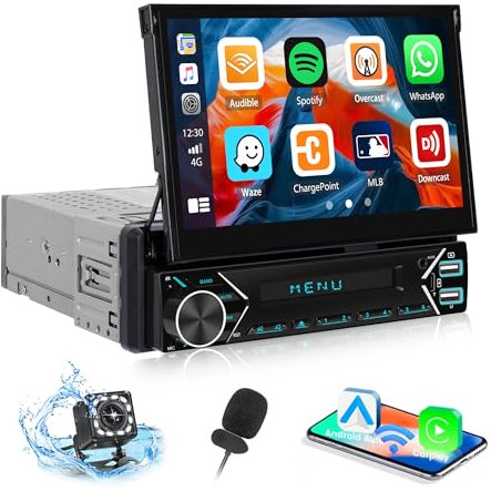 【Upgrade Wireless】 CAMECHO Radio Coche Bluetooth 1 DIN con Wireless Carplay et Android Auto, 7''Retráctil Pantalla Táctil Reproductor Multimedia con FM/USB/SD Enlace Espejo+Cámara