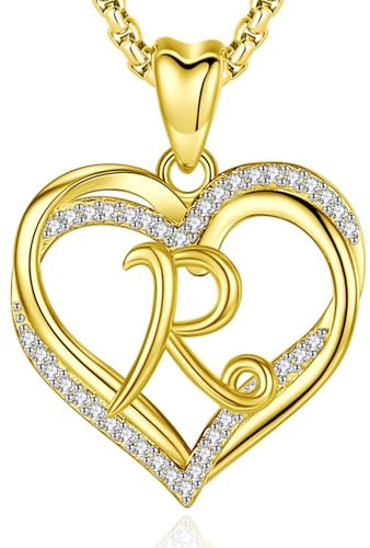 INFUSEU R Necklace Initial Heart Gold Letter Jewelry Cubic Zirconia for Women Wife Mom Friend Sister Birthday Romantic Gifts, 20 Inch Chain