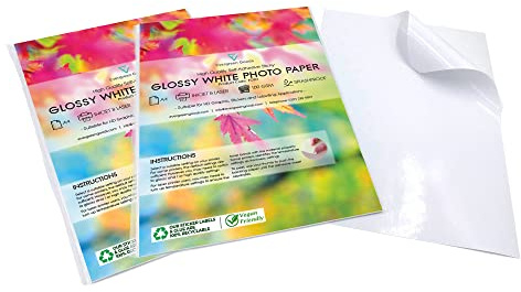 Evergreen Goods 100 Sheets A4 Glossy White Printable Sticker Photo Paper | Splashproof Inkjet & Laser Printing | Self Adhesive Sticky Back Label