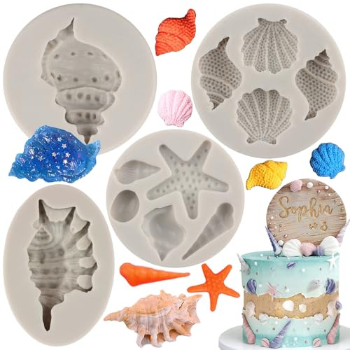 MYPRACS Set di 4 stampi in silicone marino, conchiglie, stelle marine, decorazioni per torte, cupcake