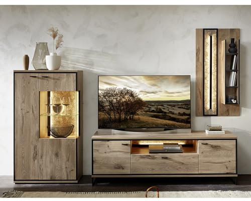 Lomadox Wohnwand TV-Wand inkl. Beleuchtung braun 3-teilig Modern, 1 Vitrine, 1 Lowboard, 1 Wandboard