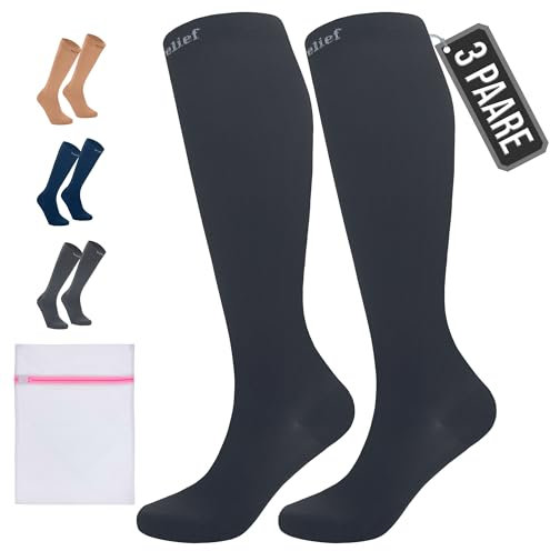 360 Relief Kompressionsstrümpfe Damen und Herren - 3 Paare Kompressionssocken Einfarbig für Sport, Laufen, Flug, Reise, Joggen, Radsport, Kniestrümpfe, S/M Schwarz mit Wäschenetz
