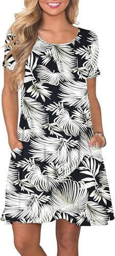 AUSELILY Damen Sommer Kurzarm Shirtkleider Kurz Sommerkleider mit Taschen | A-Linie T-shirt Kleider, Leicht Freizeitkleid