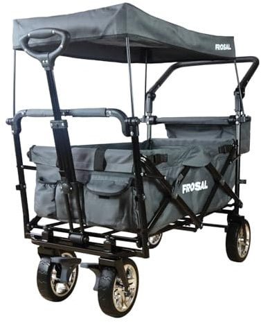 FROSAL Bollerwagen faltbar Loki mit Dach & Bremse grau Handwagen klappbar Kinder Faltbollerwagen