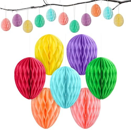 FiveMileBro 7 stück Ostereier deko, Ostereier aus seidenpapier, Ostereier Papier wabenbälle, aufhängen und dekorieren, osterdekoration bastelset für zuhause