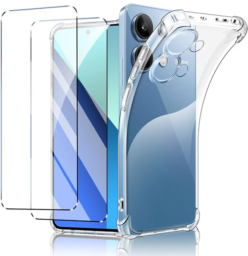 New&Teck hülle für Xiaomi Redmi Note 13 4G (Nicht für Note 13 5G) + 2 Displayschutzfolien aus transparentem TPU-Silikon, Bumper mit verstärkten Ecken