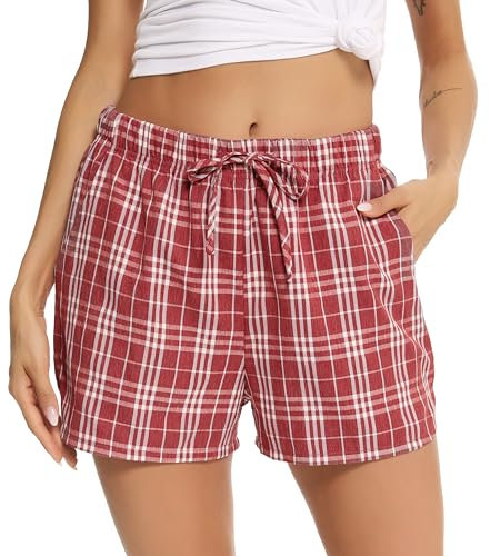 Vlazom Bas de Pyjama Femme Short de Pyjama été à Carreaux Légère Short de Nuit avec Poches Casual Ample,A-Vin Rouge,XXL