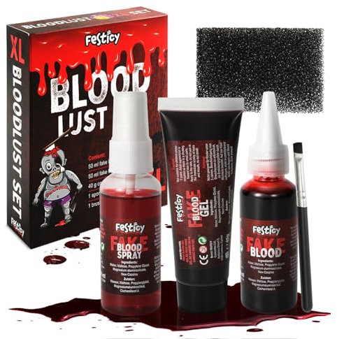 Festicy Kunstblut Halloween XXL Set 2025 I 50ml Kunst Blut, 50ml Kunstblut Spray, 40g Fake Blood Gel, Schwamm & Pinsel I Fake Blut für Halloween Make up I SFX I Kunstblut auswaschbar, Blutplasma