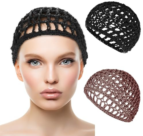 Hair Net Wrap 2 PCS Elastic Sleep Net Hairnet Knit Sleeping Cover Breathable Crochet Head Cap Stretchy Mesh Bandana Anti Frizz Shower Bathing Hats Press Absorption Curly Straight Hair(Brown/Black)