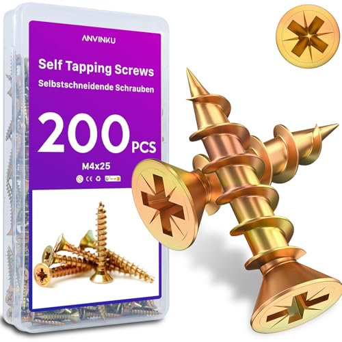 ANVINKU Wood Screws 200 Pcs, M4 x 25mm, Zinc, Countersunk, Self Tapping, Assorted for Furniture Repairs