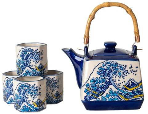 Juego de té de porcelana de estilo japonés con forma cuadrada perfecta con colador mango de madera y 4 tazas de té hexagonales, pintado a mano, diseño de ondas Hokusai Kanagawa