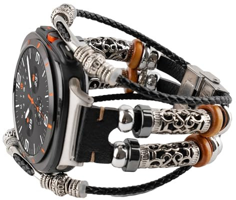 Compatible with 2024 Samsung Galaxy Watch 7 Ultra Band 47mm, Leather Boho Bracelets Jewelry Cross Charms Retro Strap for Men&Women (Black)