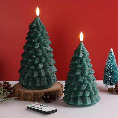 Eywamage Set di 2 candele verdi per albero di Natale con telecomando, candele a LED senza fiamma tremolanti in vera cera