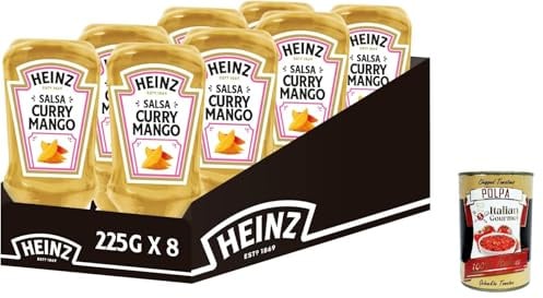 Italian Gourmet Salsa Curry Mango, würzig-pikante Squeezeflasche, 8 x 225g | ideale con pollo e salmone; fruchtig-scharfer Geschmack, sauber dosierbar, Gesamtnettogewicht 1,8 kg + Kostenlos Polpa 400g