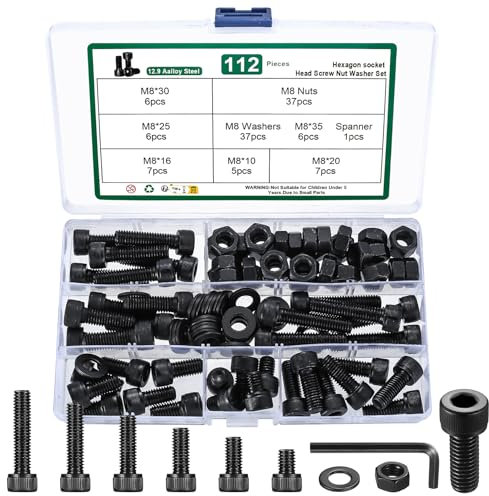 M8 Sechskantschrauben Muttern Set, 112 STK Zylinderkopfschrauben mit Muttern Set, Innensechskant Schrauben und Muttern Set mit Unterlegscheiben, Maschinenschrauben Sortiment, 12.9 Kohlenstoffstahl