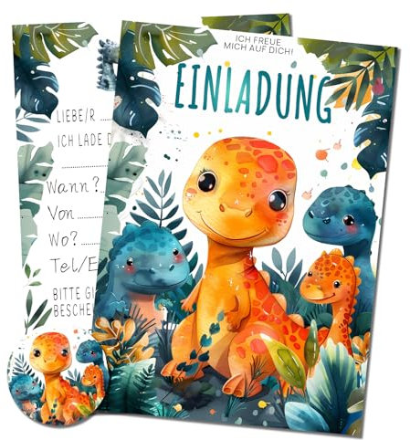 Vielucks 15 x Karikatur Einladungskarten - DIN A6 - Original - mit Aufkleber,Einladungskarten Kindergeburtstag Mädchen Junge,Geburtstagseinladungen,Party deko,Einladung Einschulung (Dinosaurier)