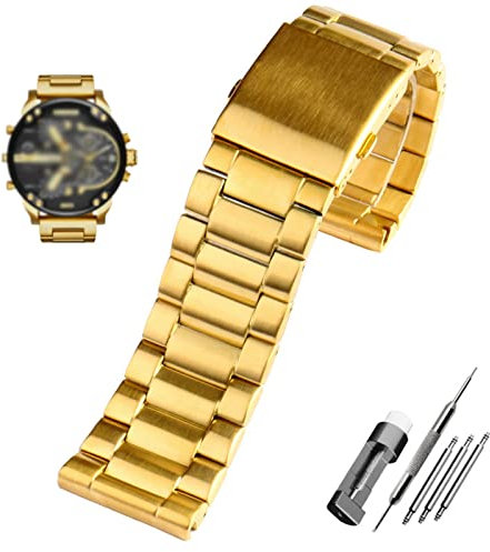 EAMOM Edelstahl-Armband 22 mm 24 mm 26 mm 28 mm Herren-Armband aus massivem Metall für Diesel DZ7333 DZ4344 Uhrenarmband(Golden,24mm)