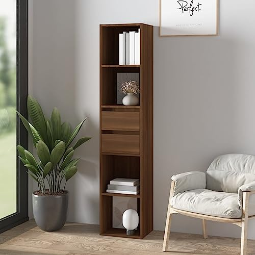 Myheimly Bücherregal mit 4 Regalböden 2 Schubladen Standregal Büroregal Wandregal Schrank Aktenregal Regal 36x30x171cm Holzwerkstoff Braune Eiche