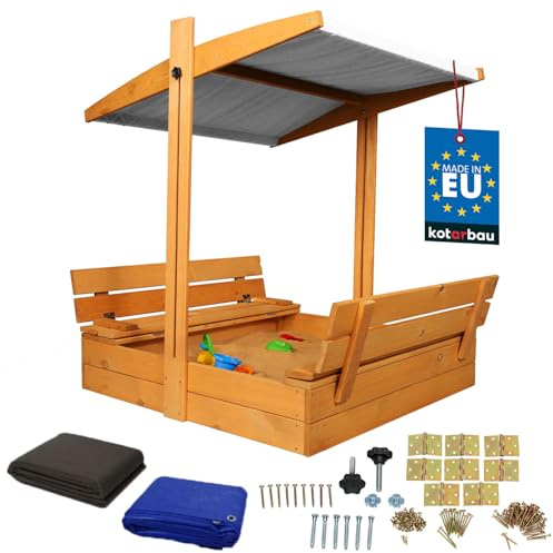 KOTARBAU® Sandkasten mit Dach 100 x 100 cm, Sandkiste aus Holz, Braun | Sandkasten mit Abdeckung & Sitzbänken, Gartenspielzeug für Kinder, Sandkasten mit Deckel & Sonnenschutz in Grau, Imprägniert