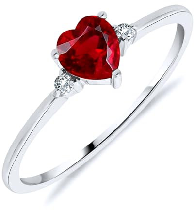 Planetys - Solitärring aus Weißgold 375/1000 für Damen, mit Edelsteinen aus natürlichem Rubin, Herzschliff und natürlichen Diamanten, 52 (16.6), Metall, Rubin