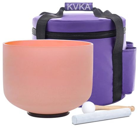 KVKA 432HZ 20cm Crystal Singing Bowls, 8 inch D note Light Orange Frosted Quartz Sound Bowls for Sound Healing and Therapy Meditation with Travel Carry Case Bag