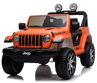 RIRICAR Elektroauto für Kinder 12V J.E.E.P. Wrangler, Orange, Kinder elektroauto 2 sitzer mit 2,4-GHz-Fernbedienung, Radio mit Bluetooth- und USB-Eingang, Lithium-Akku, Eva-Räder
