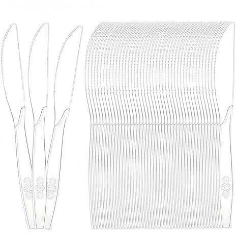 Heavy Duty Reusable Clear Plastic Cutlery Set, 100 PCS Plastic Knives, Reusable Cutlery Set for All Occasion Birthday Parties Weddings Camping 19.5 x 2 cm Transparent