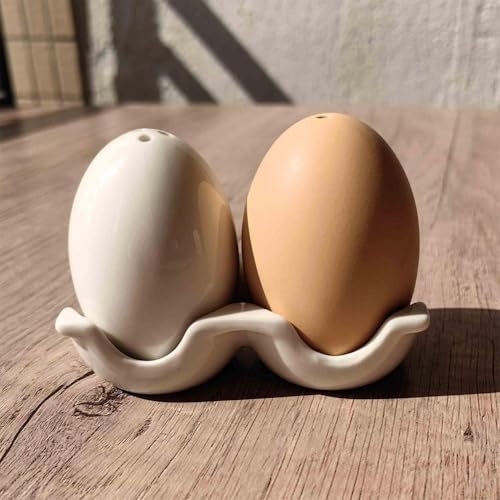 Salz- und Pfefferstreuer aus Keramik, Eierform, Porzellan-Salz- und Pfefferstreuer, Mini-Eierstreuer in Form eines braunen Eiers, mit Ständer im Karton-Design, kombinierte Küchendekoration und