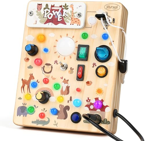 Joyreal Baby Montessori Busy Board ab 1 Jahr, Motorikspielzeug mit 19 LED, Activity Board Holzspielzeug Lernspielzeug Sensorik Spielzeug, Geschenk Jungen und Mädch ab 2 3 4 Jahr (Wald)
